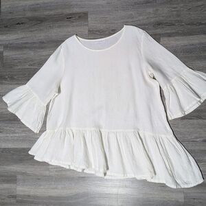 Bryn Walker White Linen Top Size XL Ruffle Sleeve And Hem
